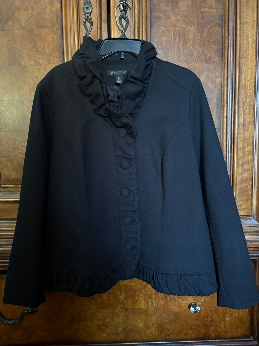 INC International Concepts Black Ruffle-Trim Hooded Blazer